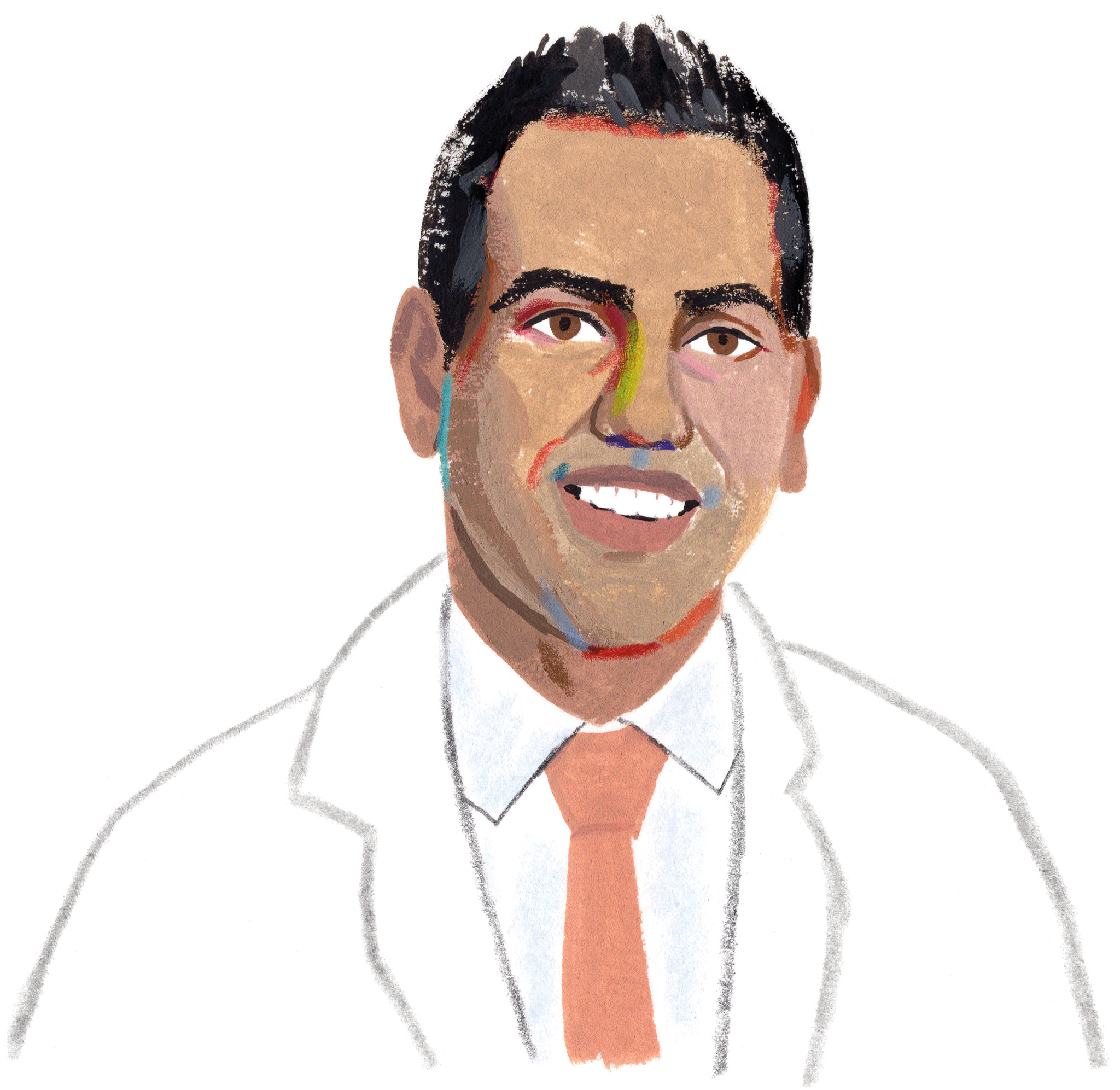 Illustration of a middle aged South Asian man wearing a white coat with a white collared shirt and an orange tie.